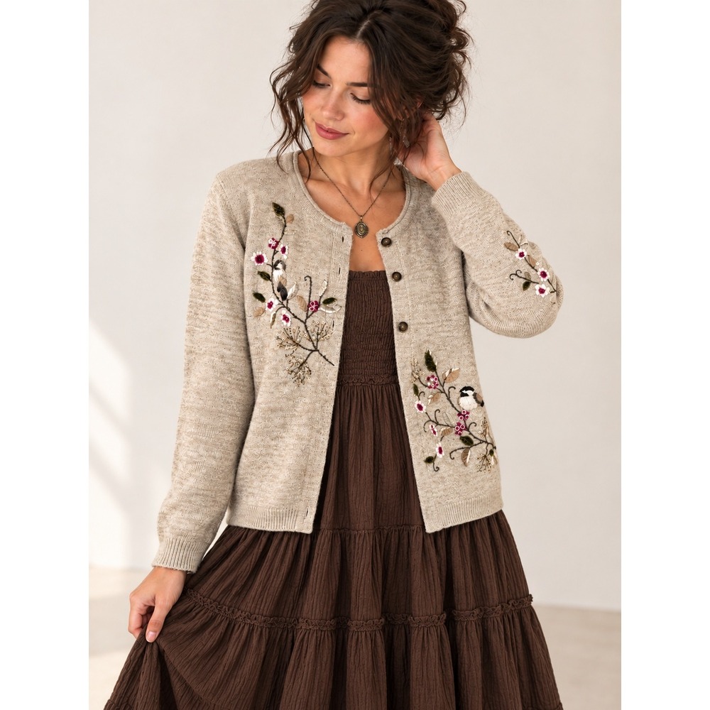 Coldwater Creek Cottagecore Nature Bird Embroidered Cardigan Sweater M